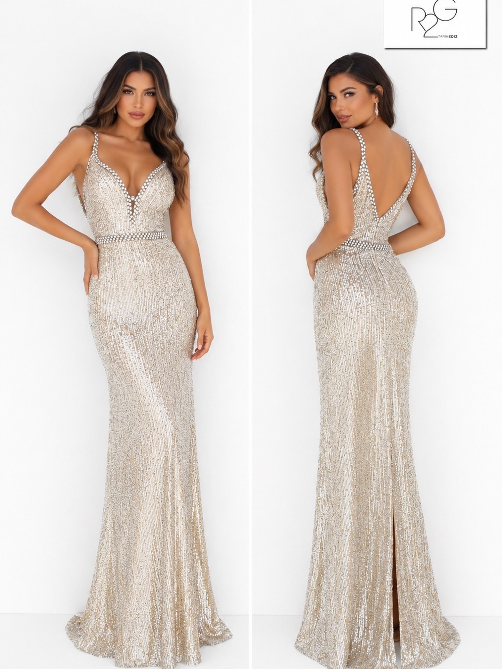Tarik Ediz R2G 51040 Gold Formal Prom Dress Gown Size 14 EU Size 46 NWT